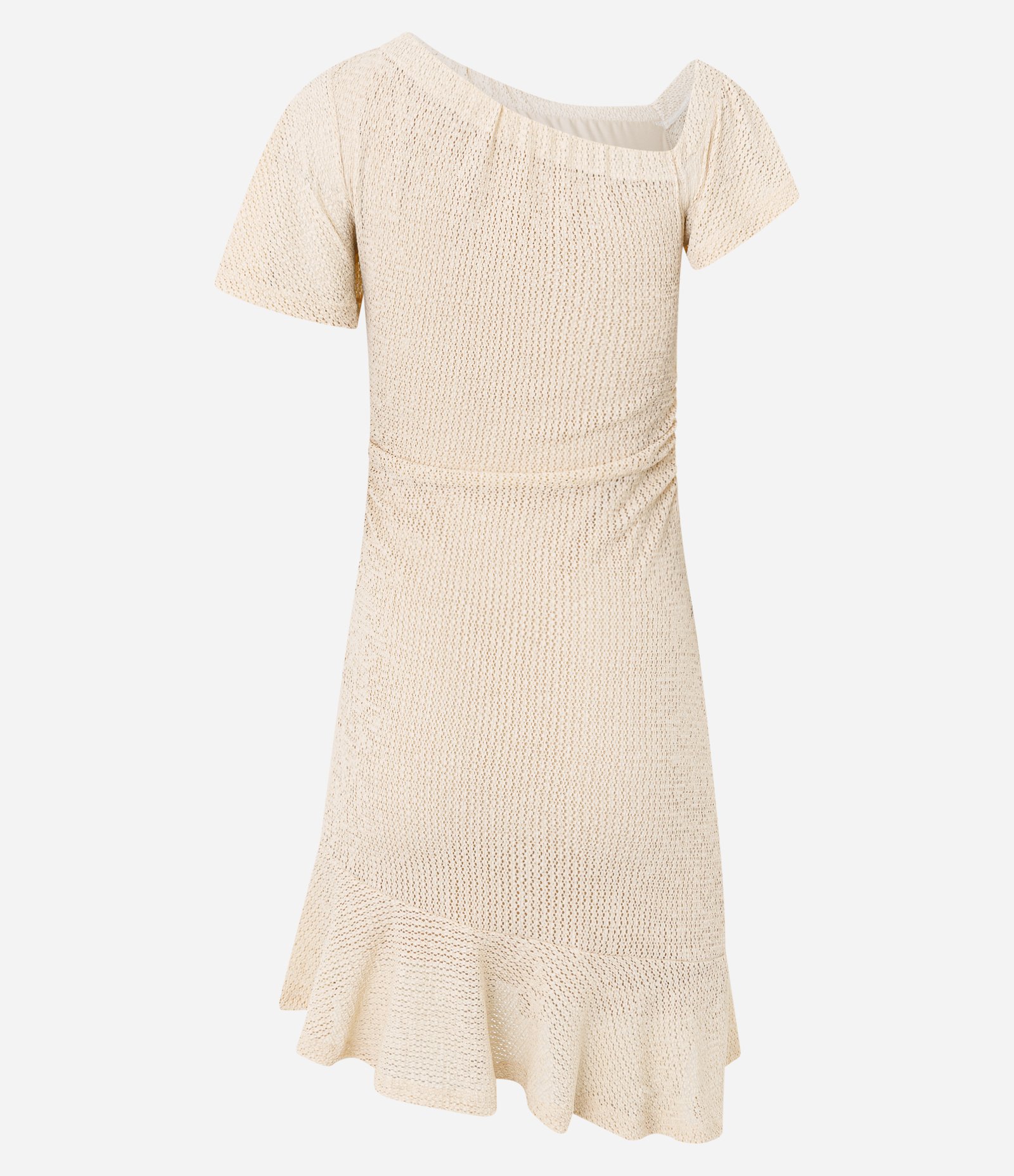 Vestido Curto Texturizado com Decote Assimétrico Bege 3