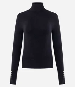 Blusa em Tricô com Gola Alta e Botões nas Mangas