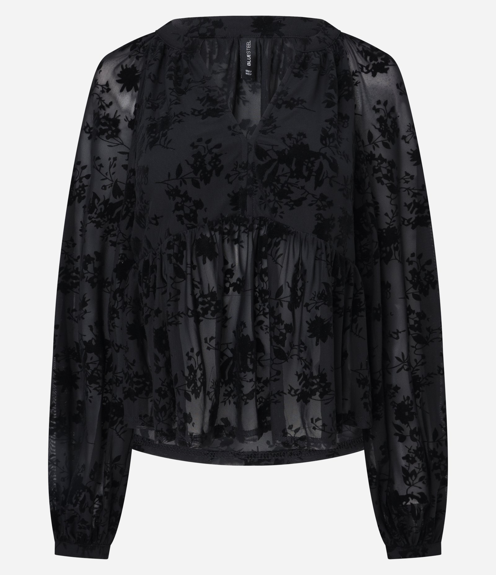 Blusa Manga Longa em Tule Texturizado com Decote V Preto 5