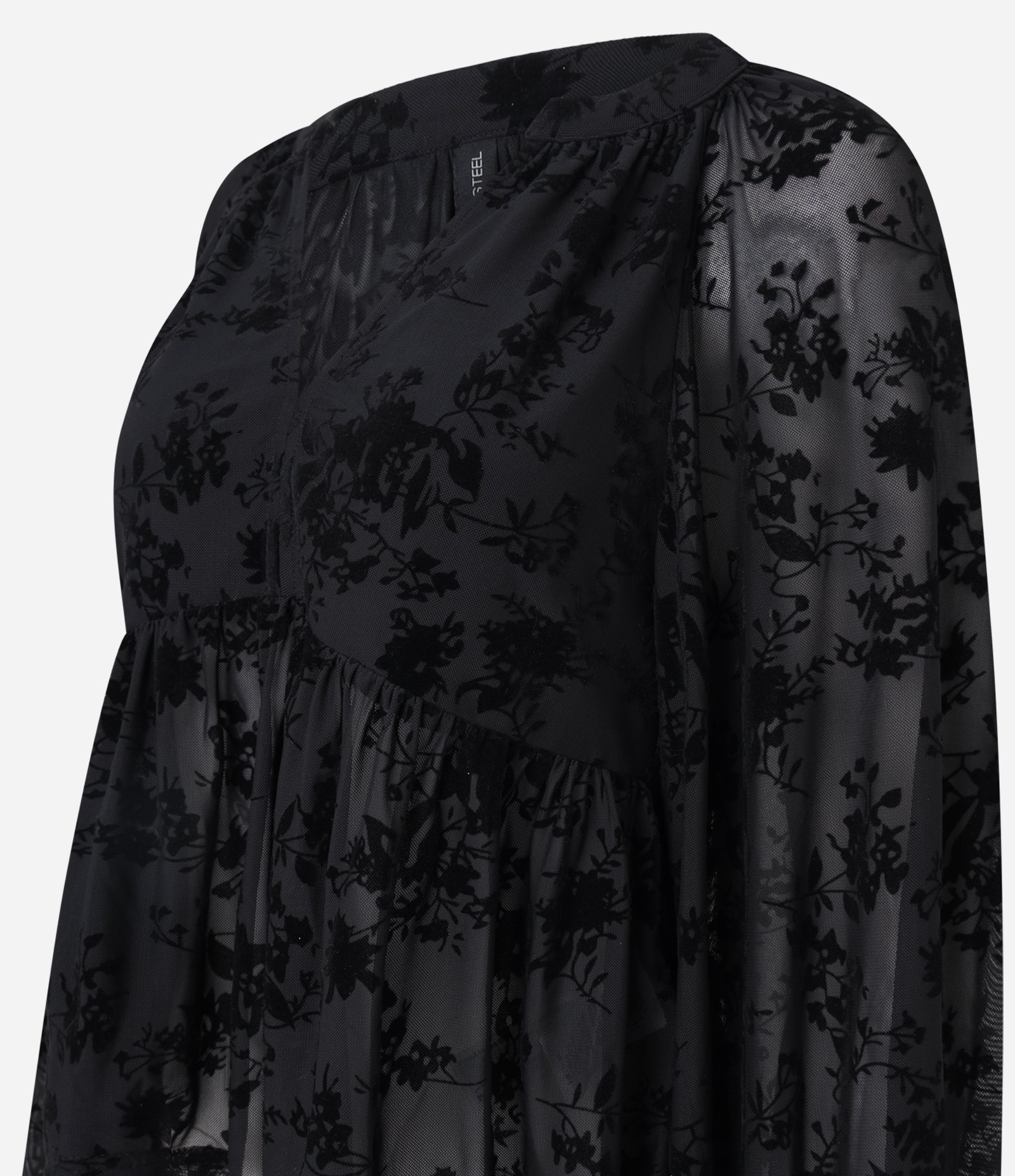 Blusa Manga Longa em Tule Texturizado com Decote V Preto 6