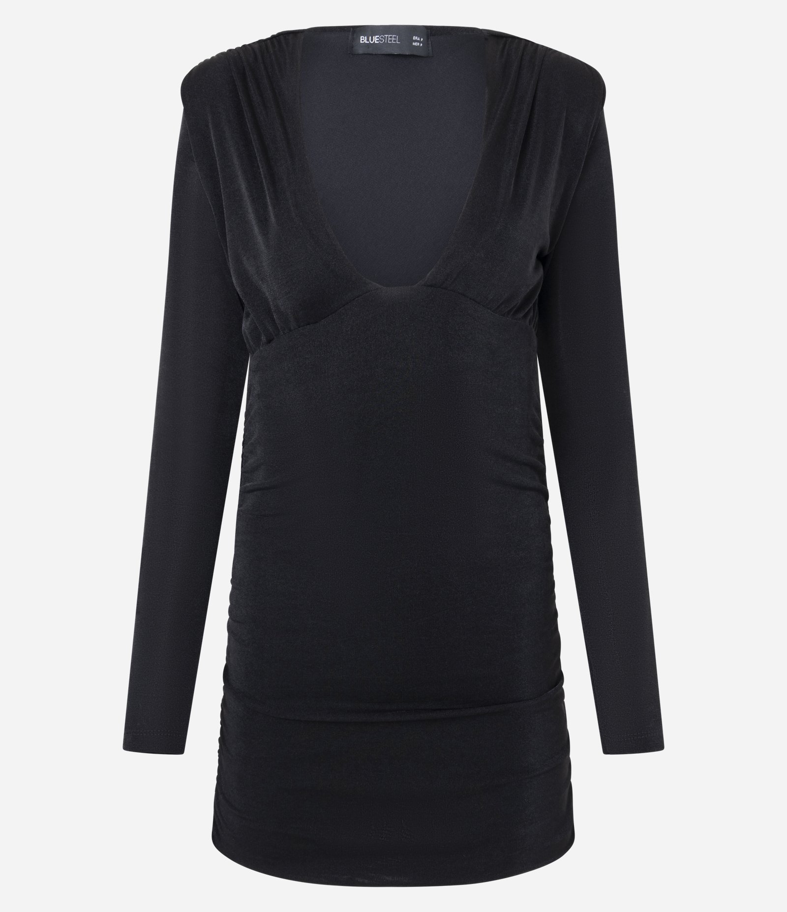 Vestido Franzido Curto em Ribana Brilhosa com Ombreiras Preto 3