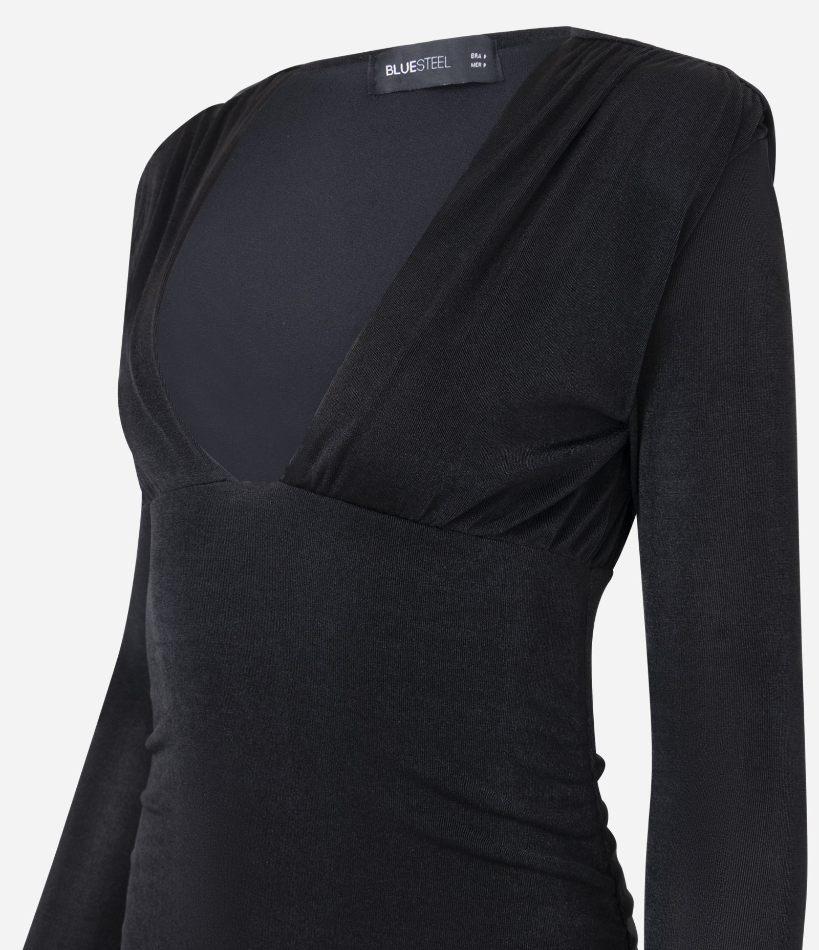 Vestido Franzido Curto em Ribana Brilhosa com Ombreiras Preto 4