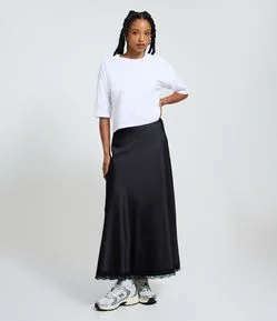Saia New Midi em Cetim com Renda na Barra