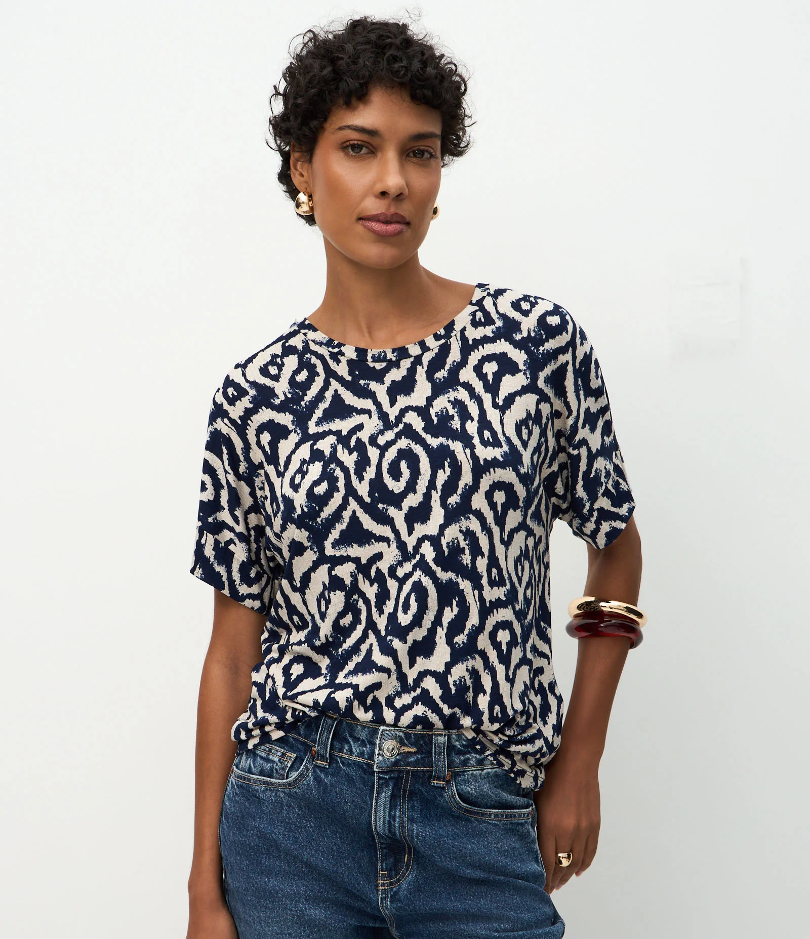 Blusa Manga Curta em Viscolycra com Estampa Abstrata Azul 1