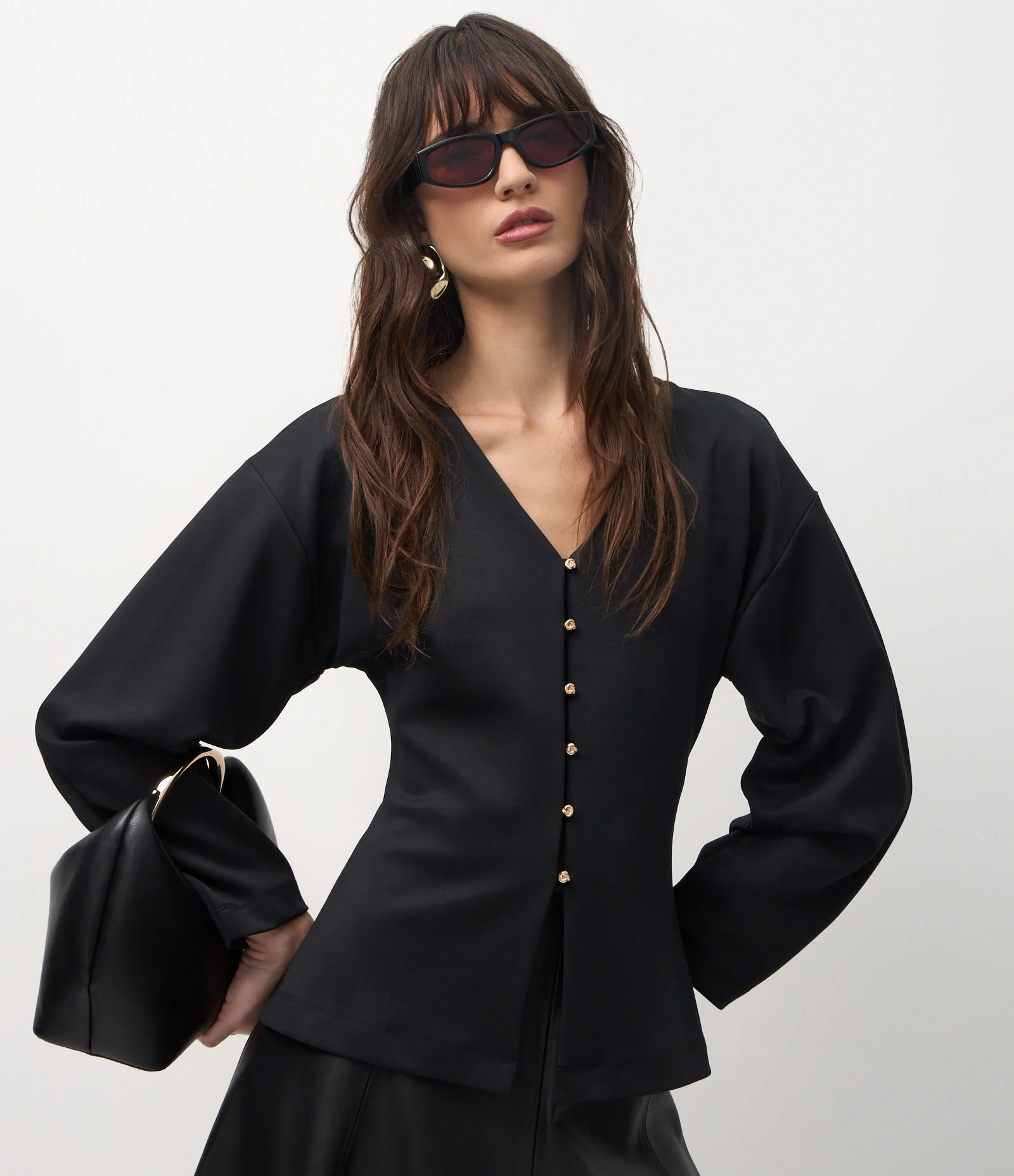 Casaco Amplo em Ponto Roma com Botões Delicados Preto 1