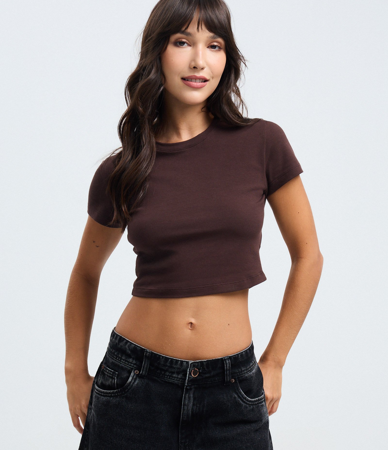 Blusa Cropped Manga Curta em Cotton Marrom 1