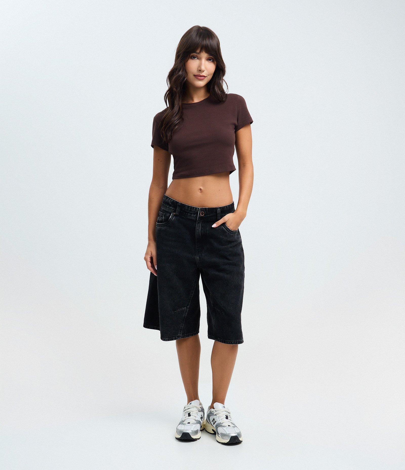 Blusa Cropped Manga Curta em Cotton Marrom 3