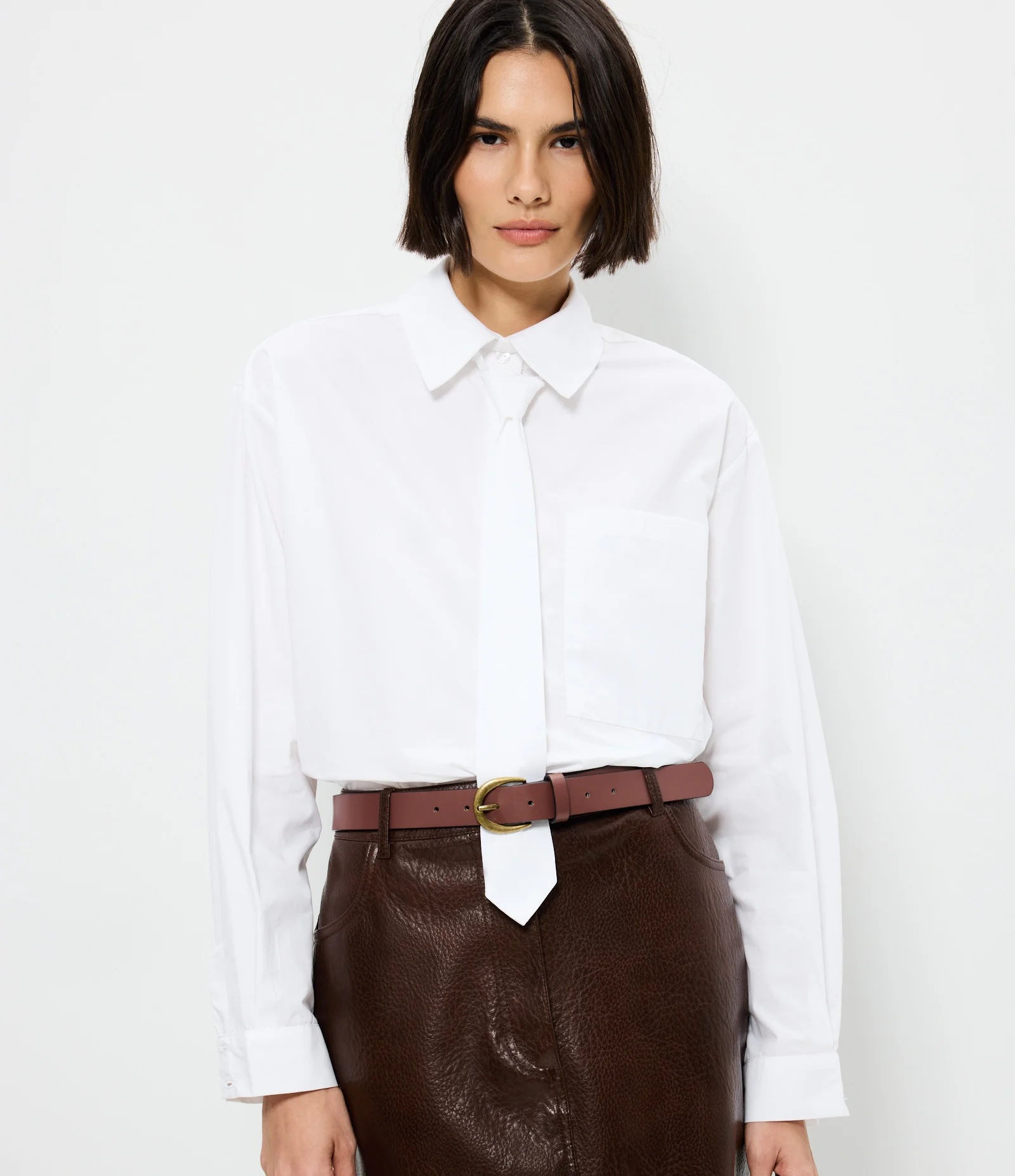 Camisa Alongada em Algodão com Gravata Branco 1
