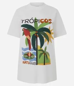 Camiseta Alongada com Estampa Trópicos e Bordado