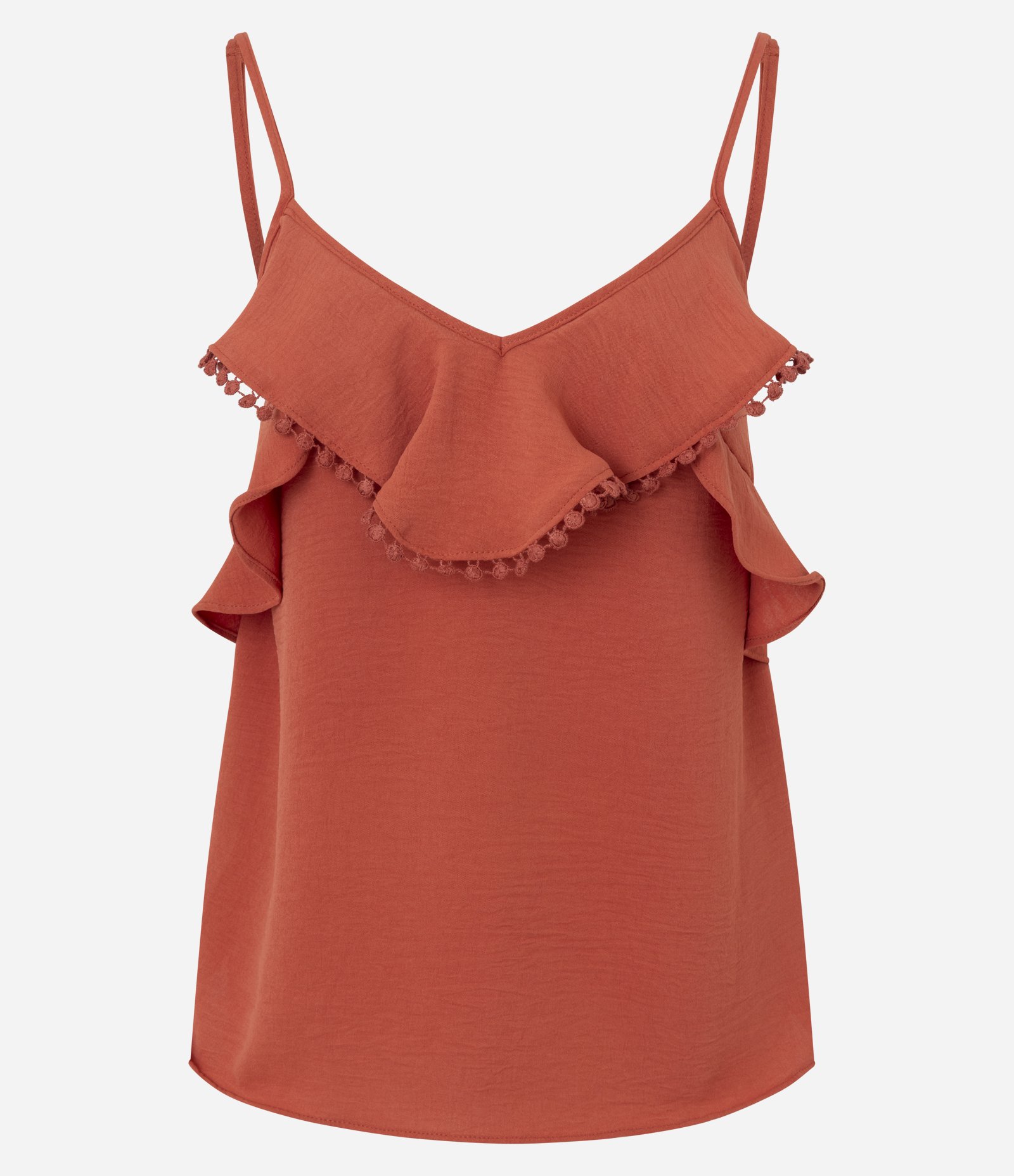 Blusa Alça Fina em Airflow com Babados e Pompom na Barra Laranja 5