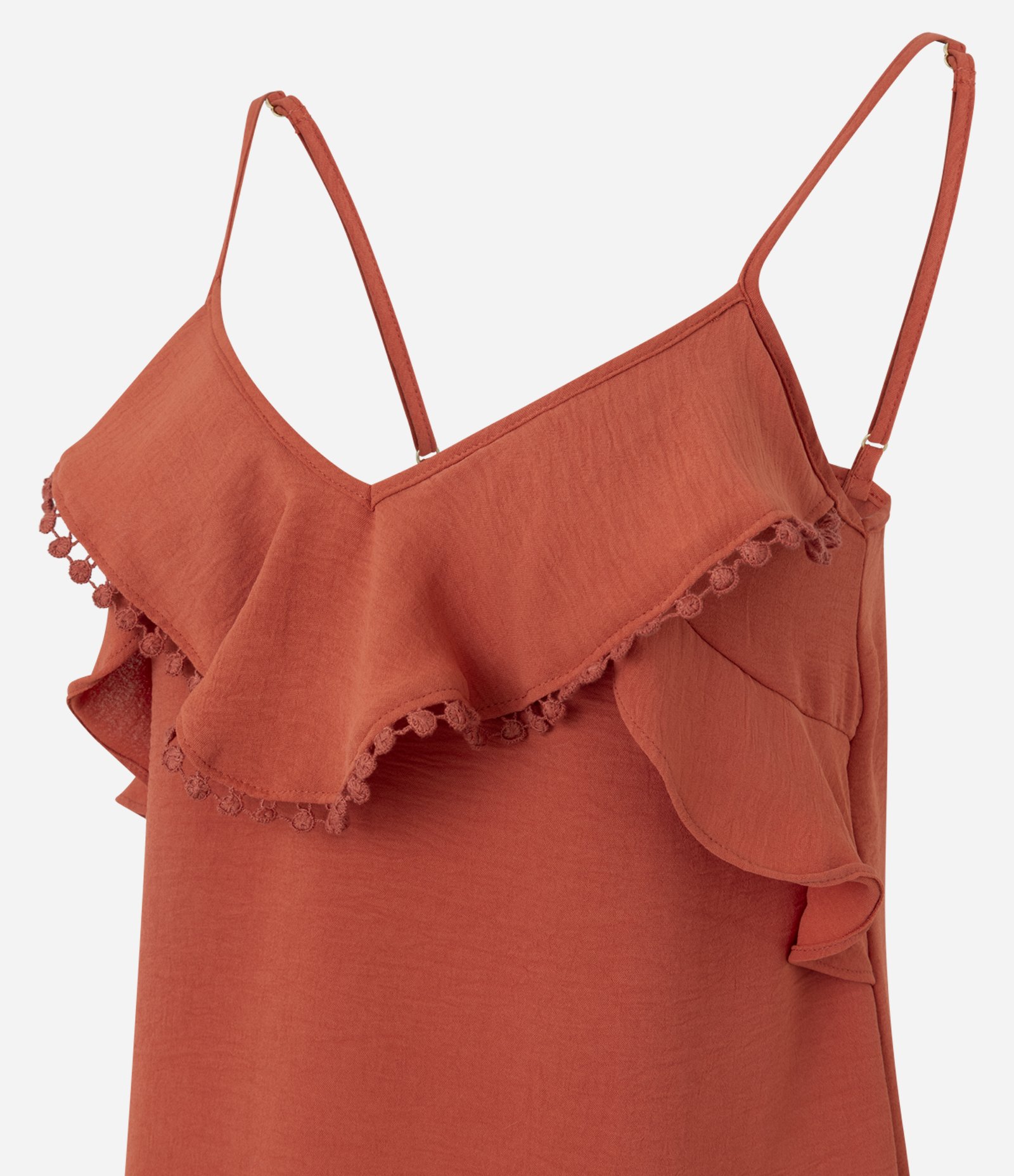 Blusa Alça Fina em Airflow com Babados e Pompom na Barra Laranja 6