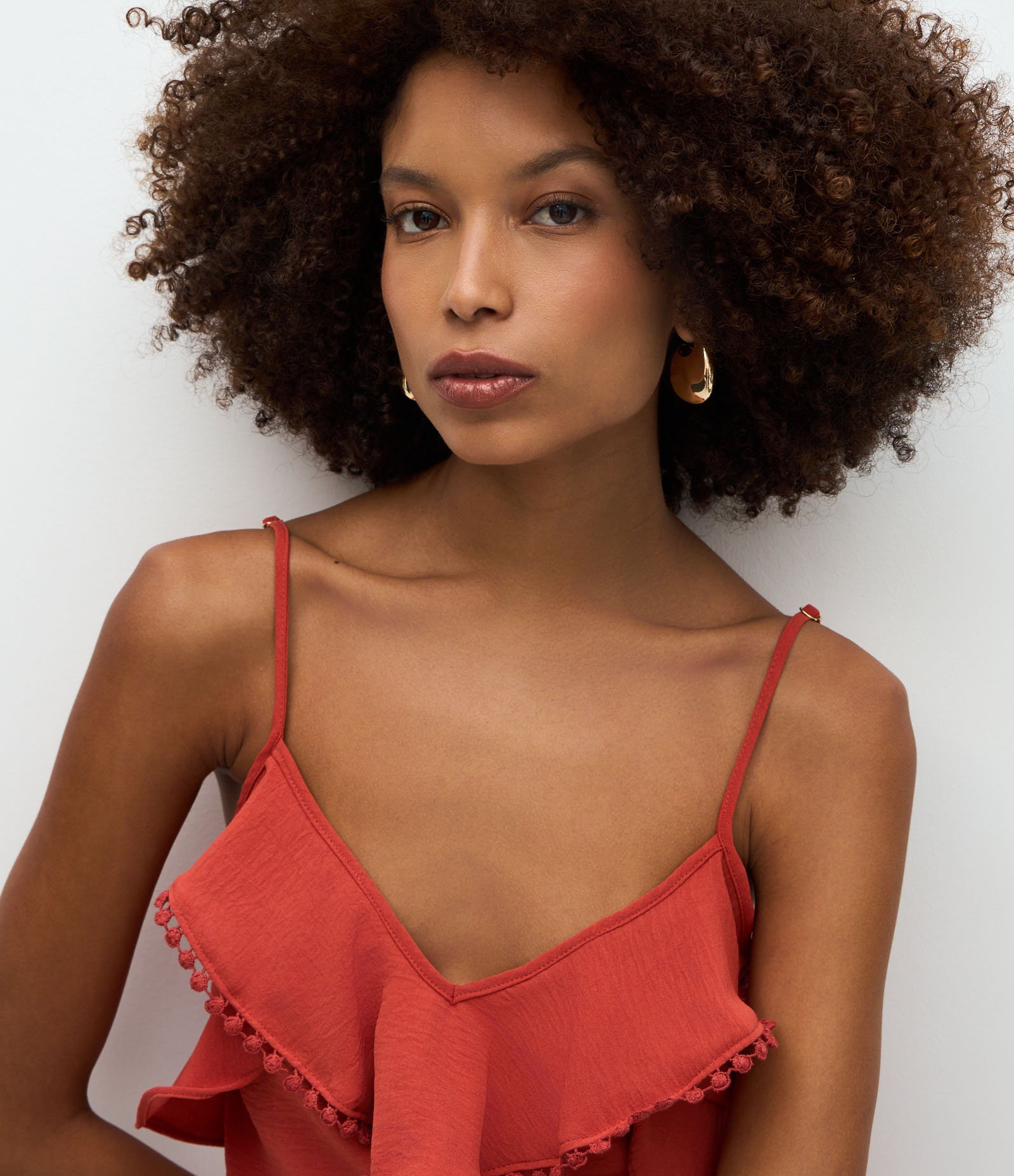 Blusa Alça Fina em Airflow com Babados e Pompom na Barra Laranja 3