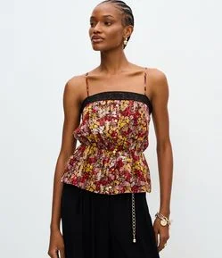 Blusa Chiffon Floral com Decote Quadrado e Alças Finas