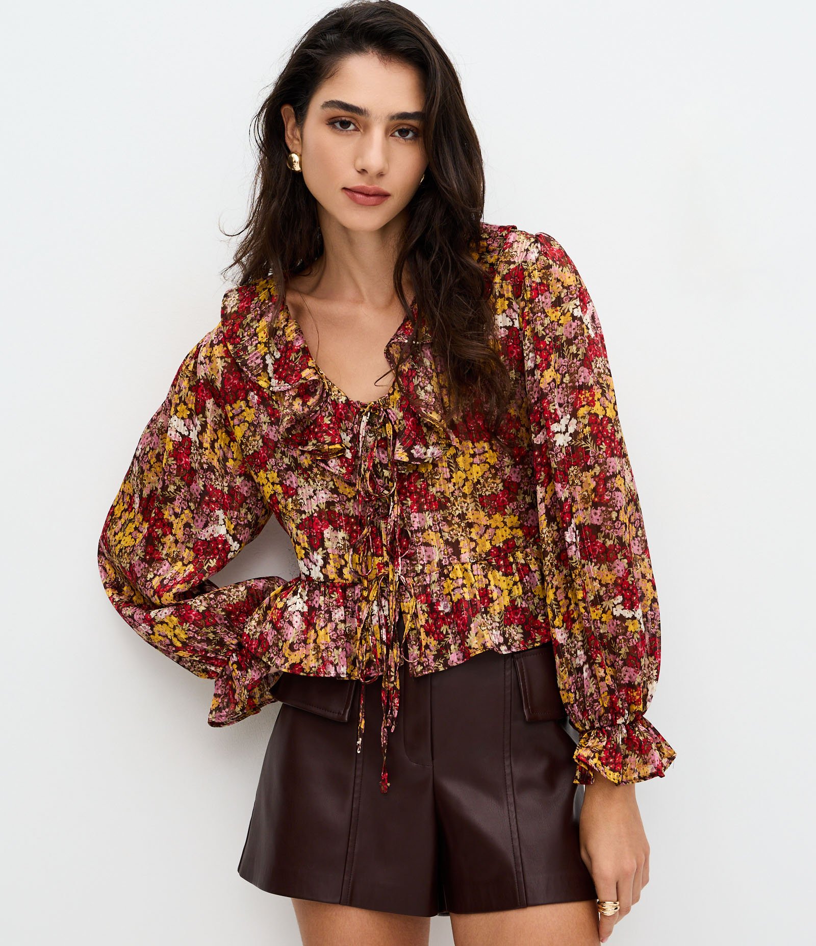 Blusa Feminina Manga Longa Floral com Jabour e Amarração Floral 2