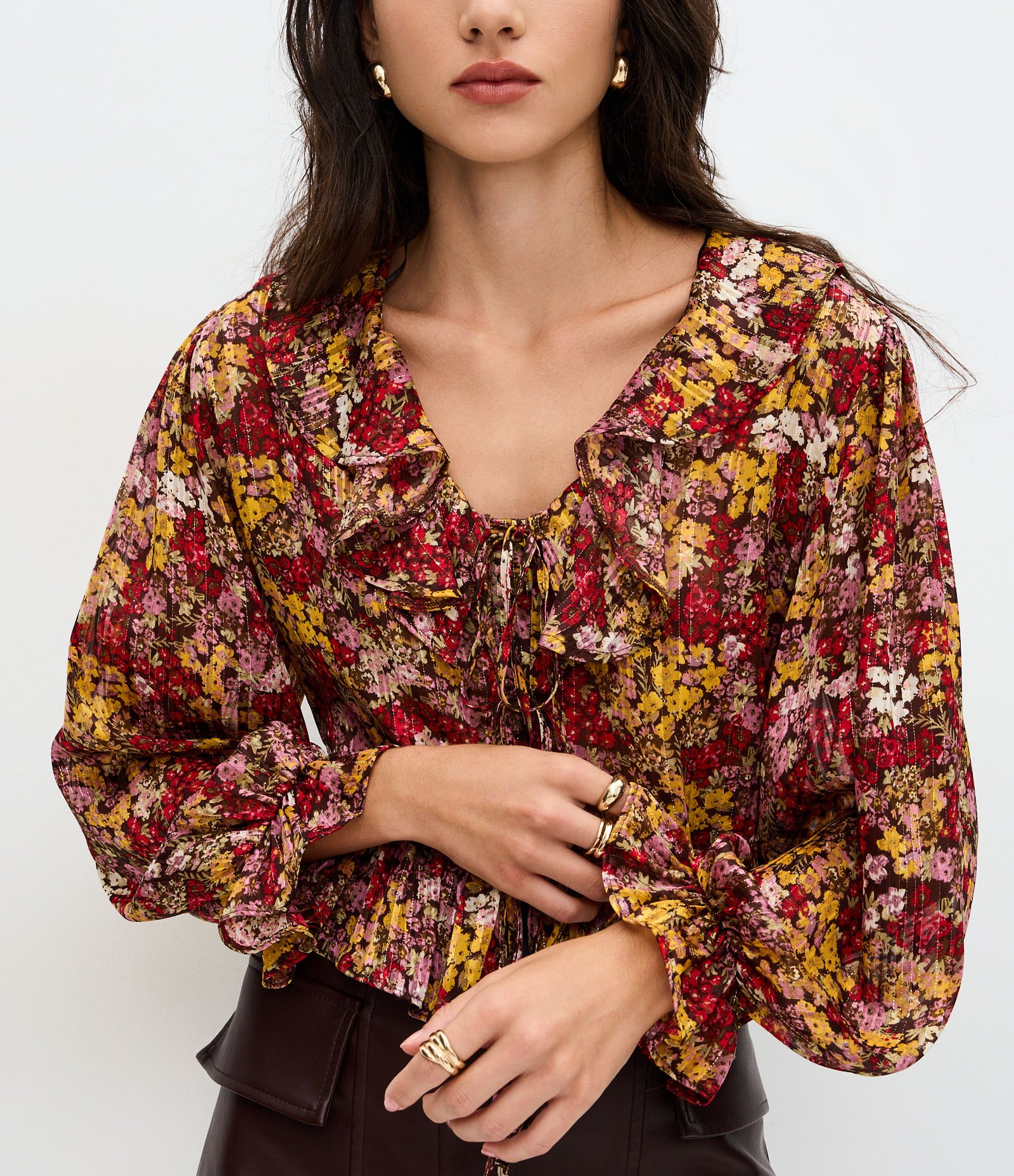 Blusa Feminina Manga Longa Floral com Jabour e Amarração Floral 4