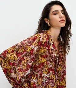 Blusa Feminina Manga Longa Floral com Jabour e Amarração