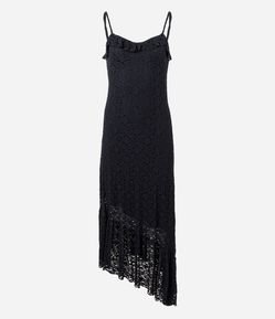 Vestido Midi em Renda com Alças Finas e Babados