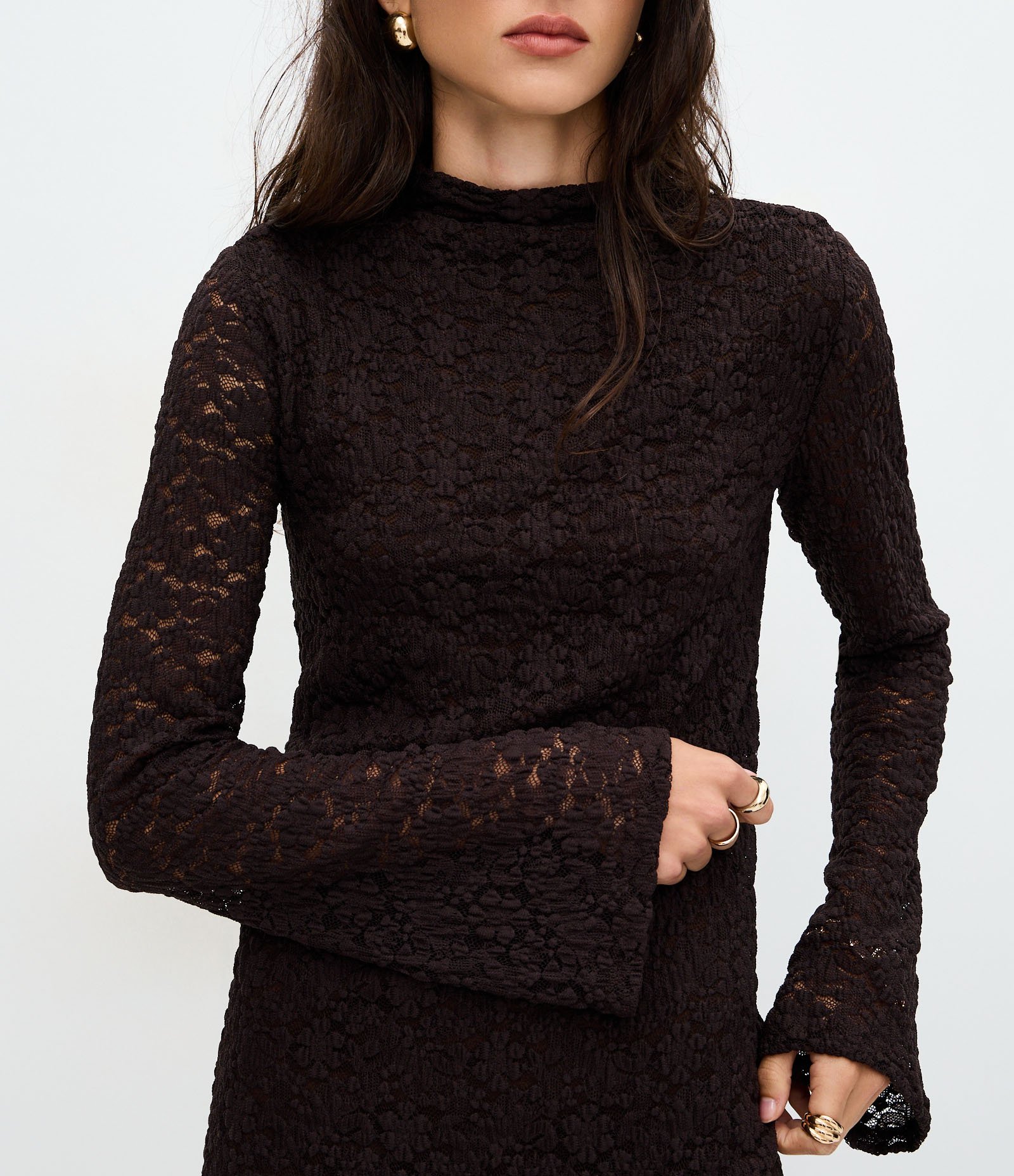 Vestido Rendado com Manga Longa e Gola Alta Marrom 4