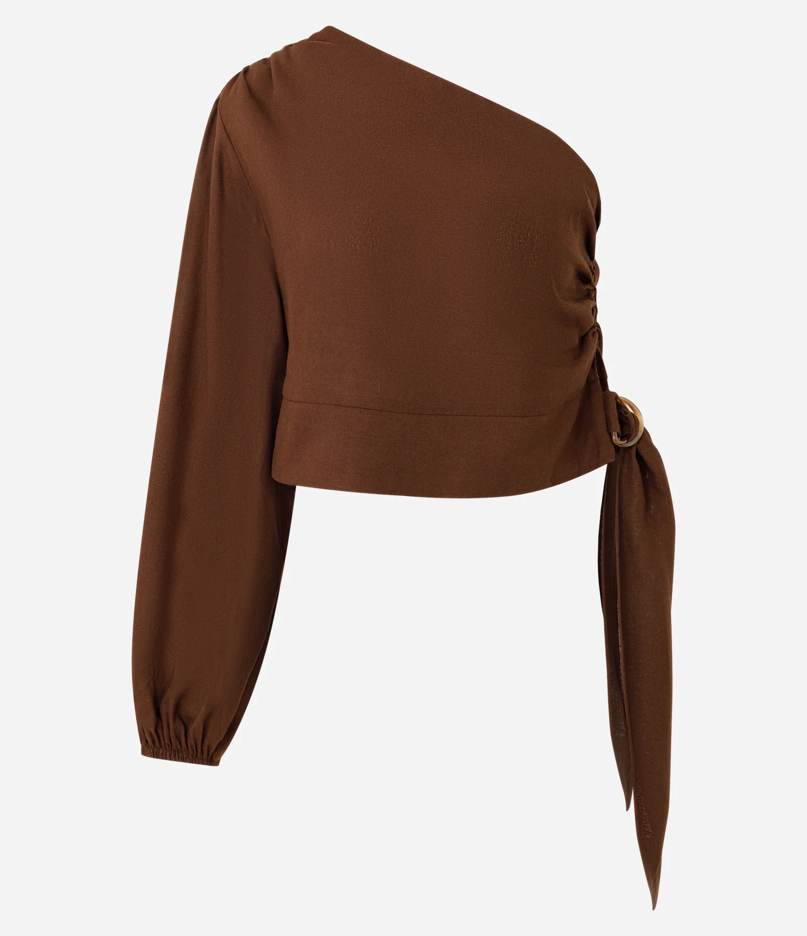 Blusa em Viscolinho com Um Ombro Só e Amarração Lateral Marrom 6
