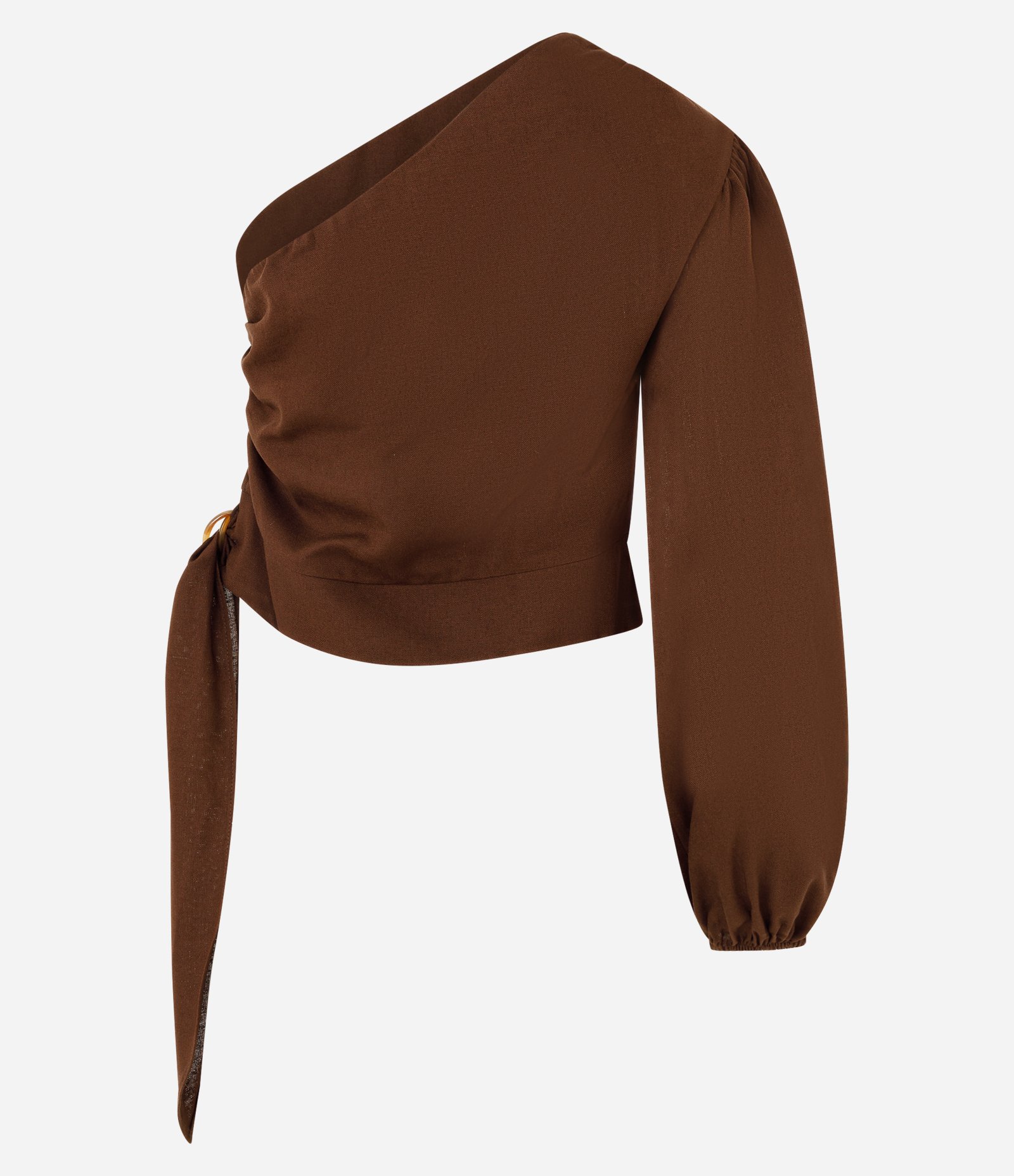 Blusa em Viscolinho com Um Ombro Só e Amarração Lateral Marrom 8