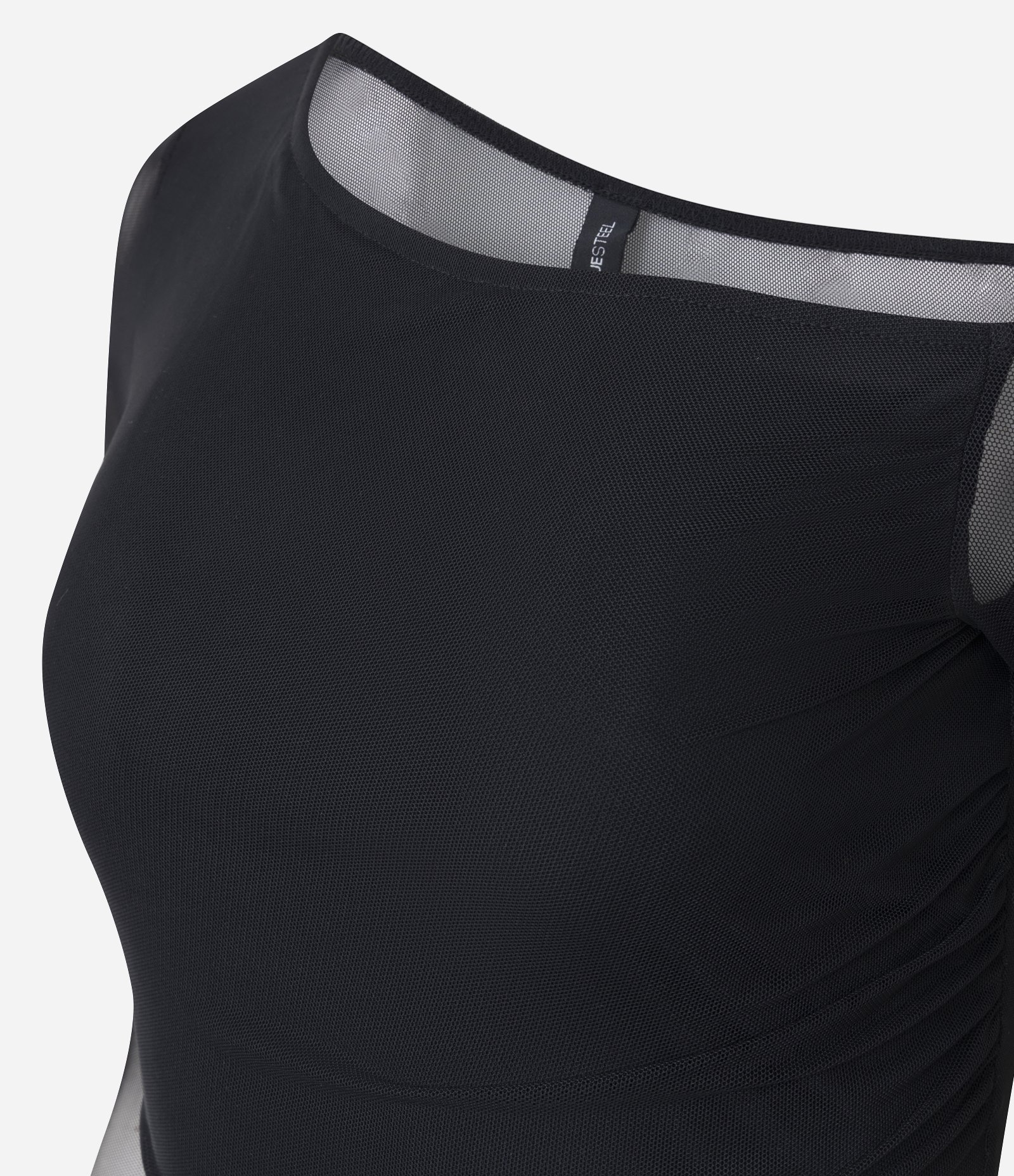 Blusa Assimétrica Ombro Único em Tule com Detalhe Transparente Preto 6