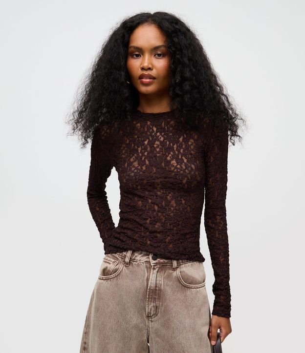 Blusa Segunda Pele em Renda Texturizada com Manga Longa