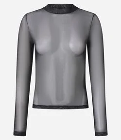 Camiseta Segunda Pele em Tule Manga Longa