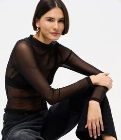 Blusa Segunda Pele em Tule com Manga Longa