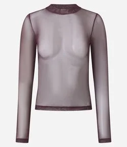 Camiseta Segunda Pele em Tule Manga Longa