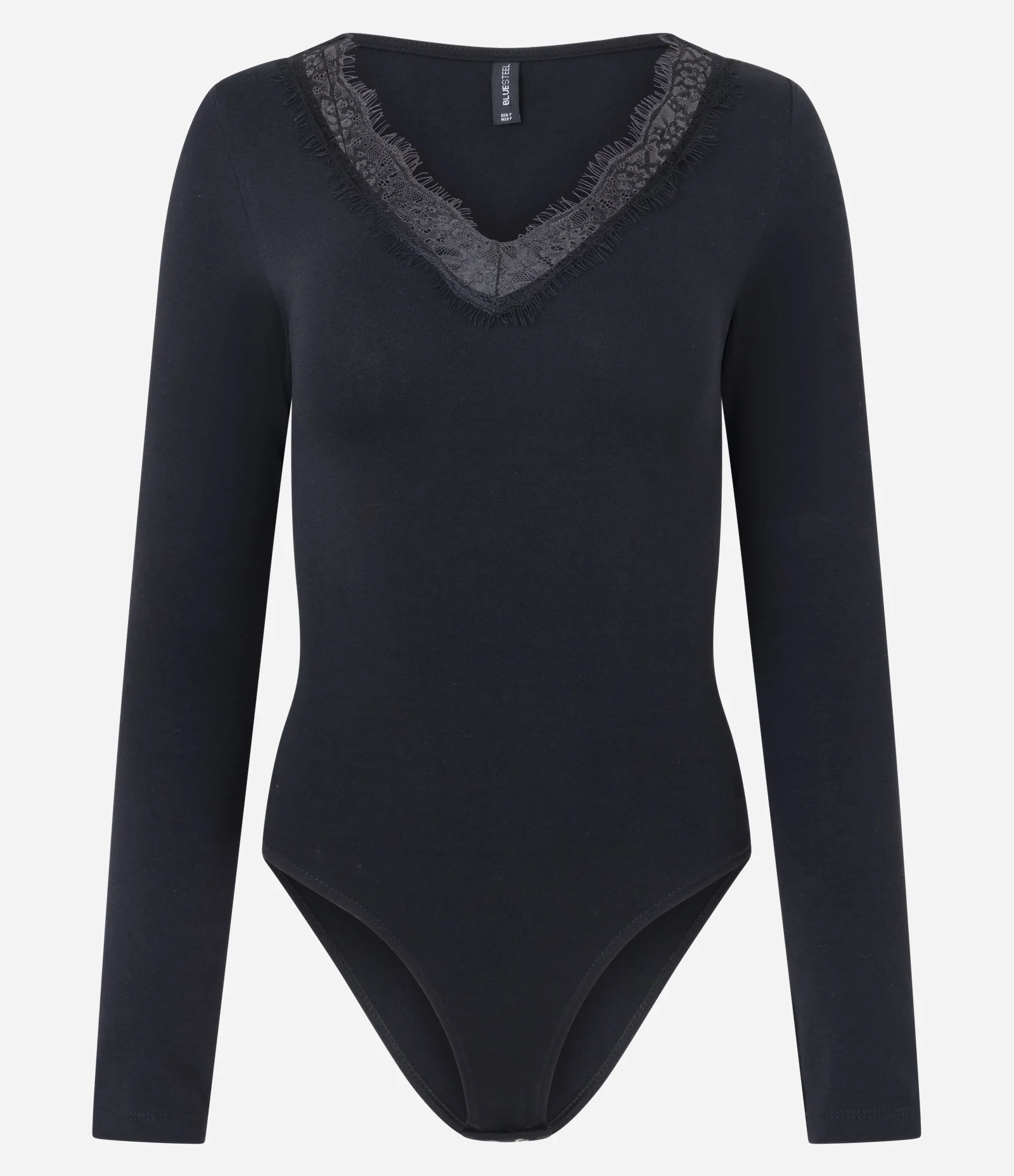Body Manga Longa com Decote V em Renda Preto 1