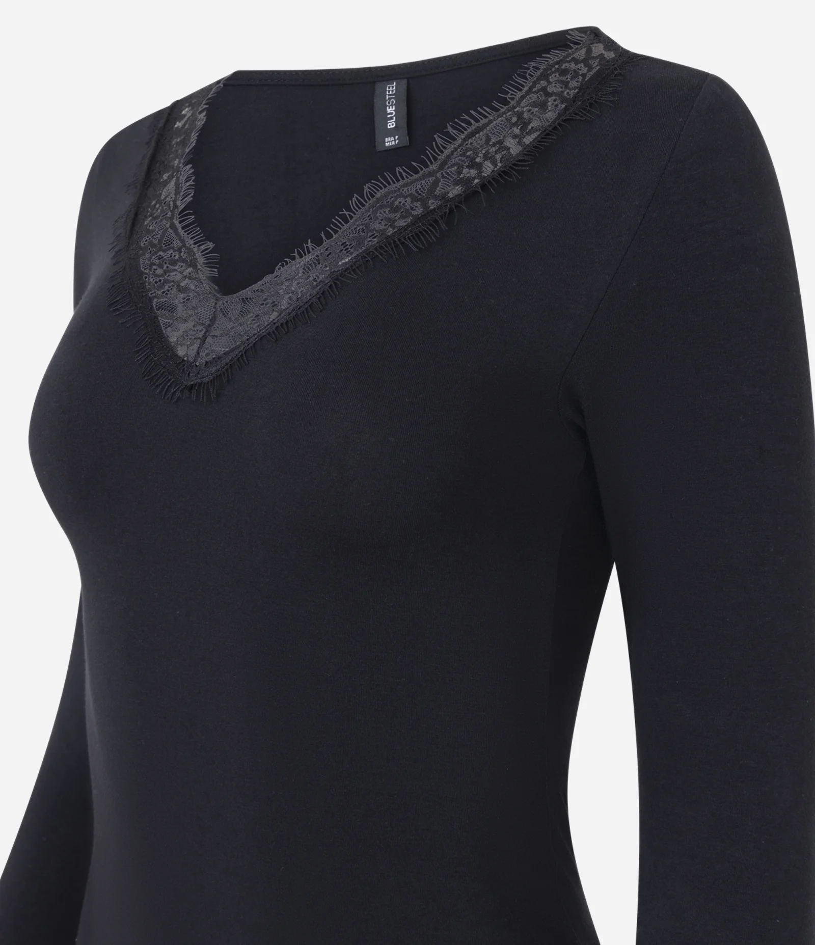 Body Manga Longa com Decote V em Renda Preto 2