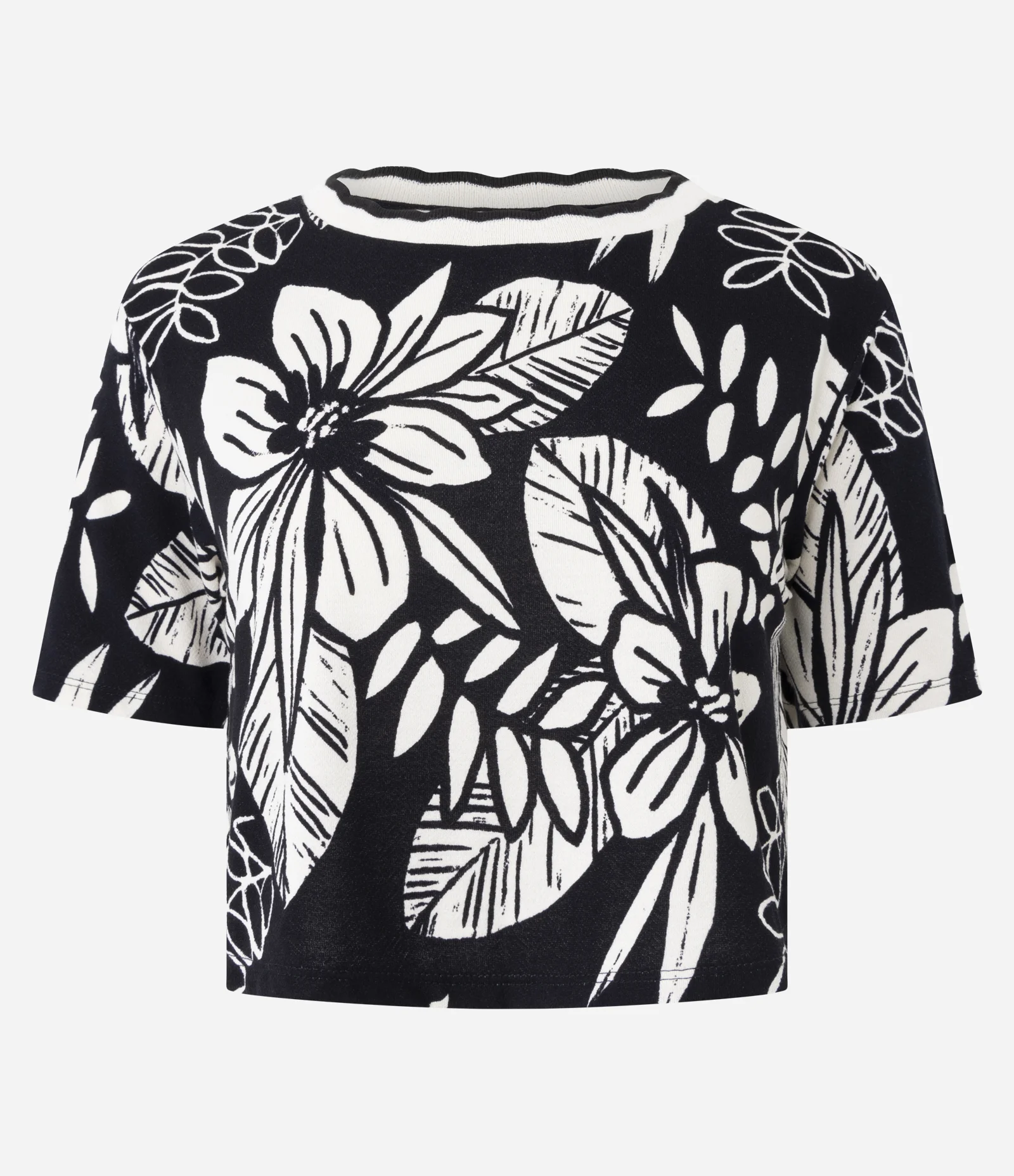 Camiseta em Moletinho com Estampa Floral e Gola Contrastante Preto 1