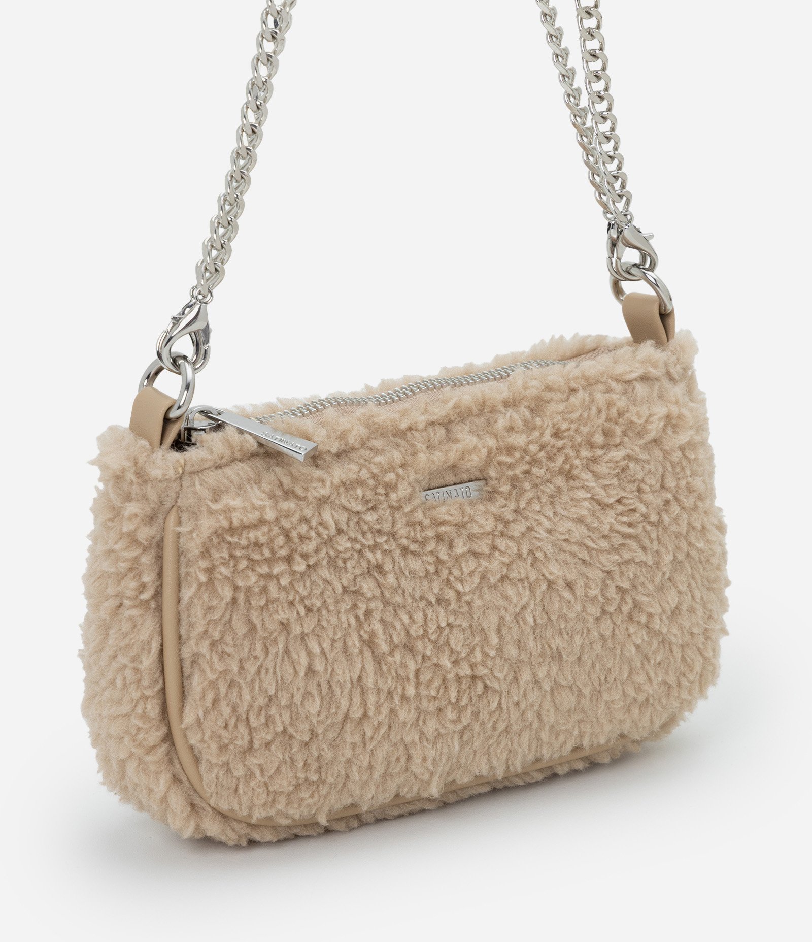 Bolsa Transversal com Corrente e Textura de Pelos Bege 1