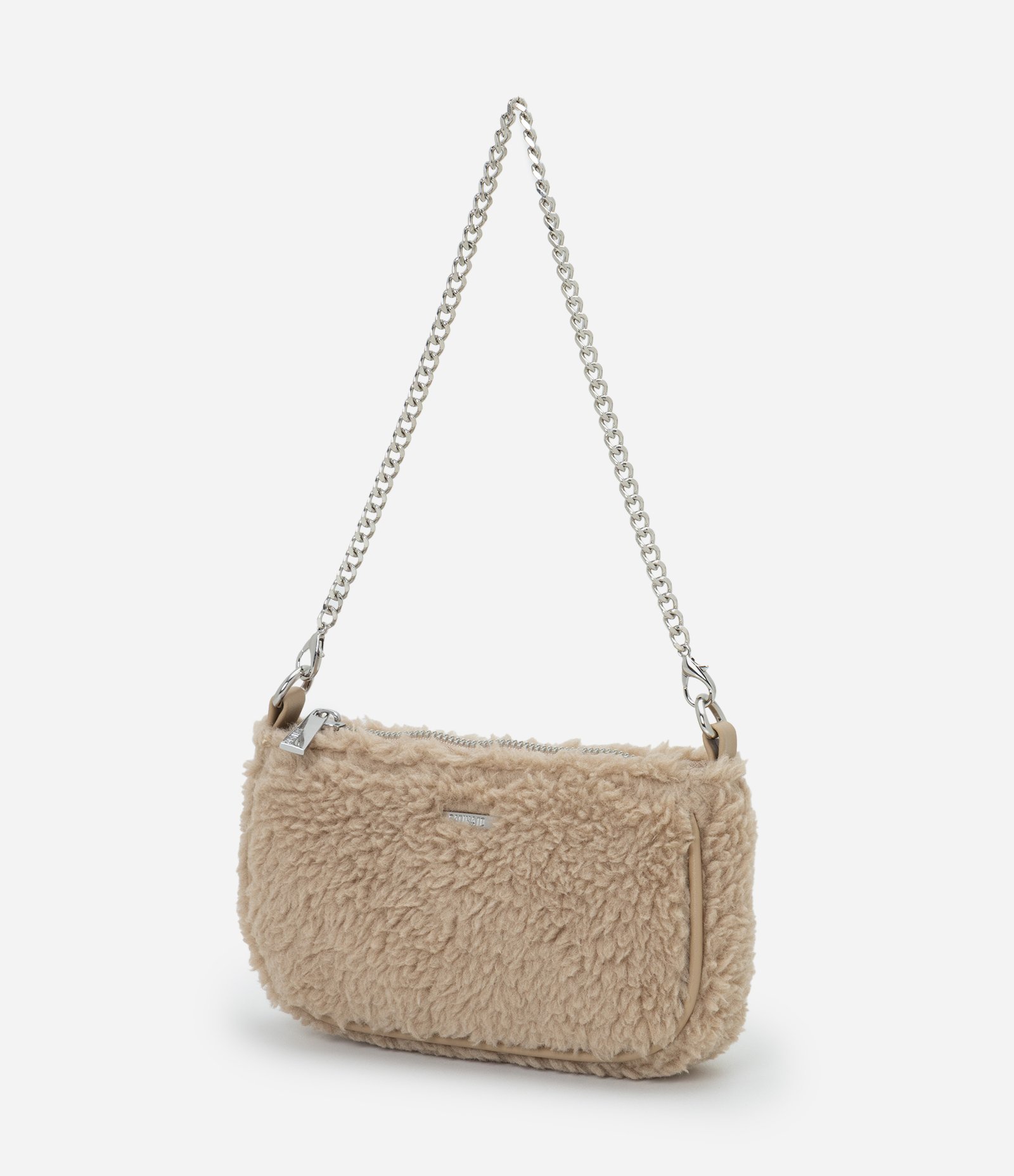 Bolsa Transversal com Corrente e Textura de Pelos Bege 3