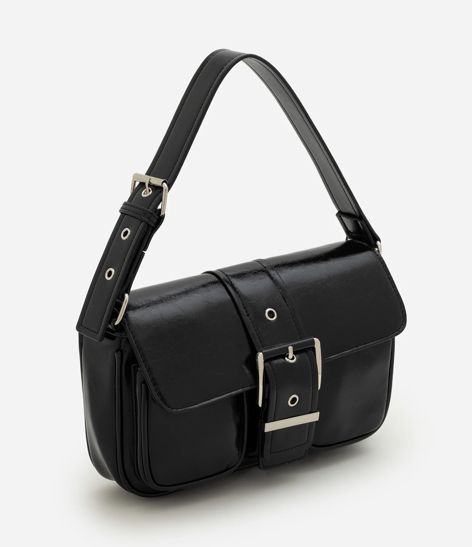 Bolsa Shoulder Média em PU com Tampa e Bolsos Frontais Preto 1
