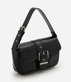 Bolsa Shoulder Média em PU com Tampa e Bolsos Frontais