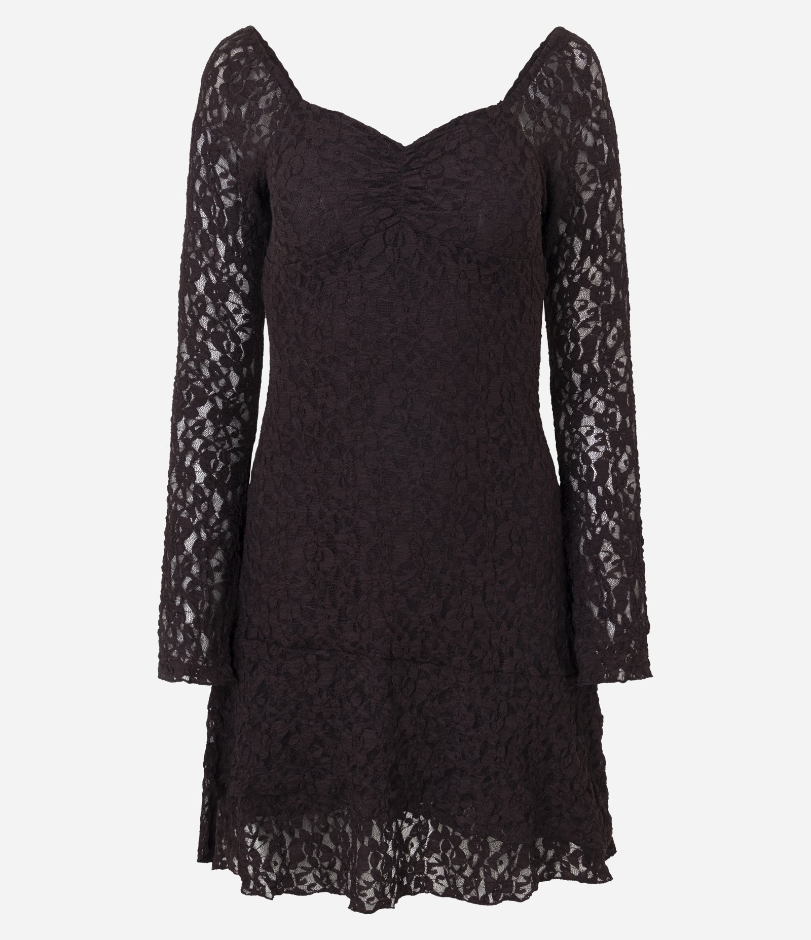 Vestido Curto Manga Longa em Renda Texturizada Marrom 1