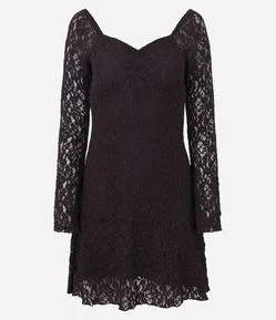 Vestido Curto Manga Longa em Renda Texturizada