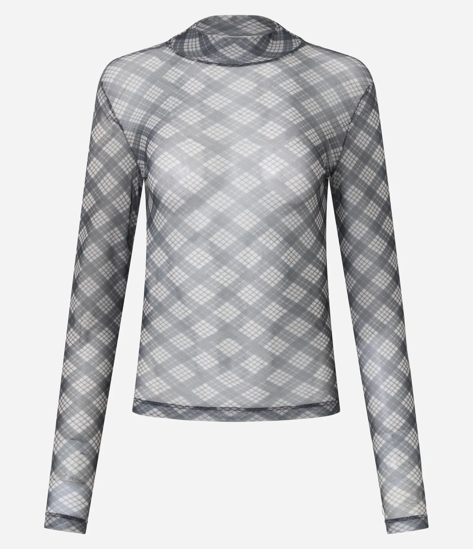 Blusa em Tule Segunda Pele com Estampa Xadrez Cinza 1