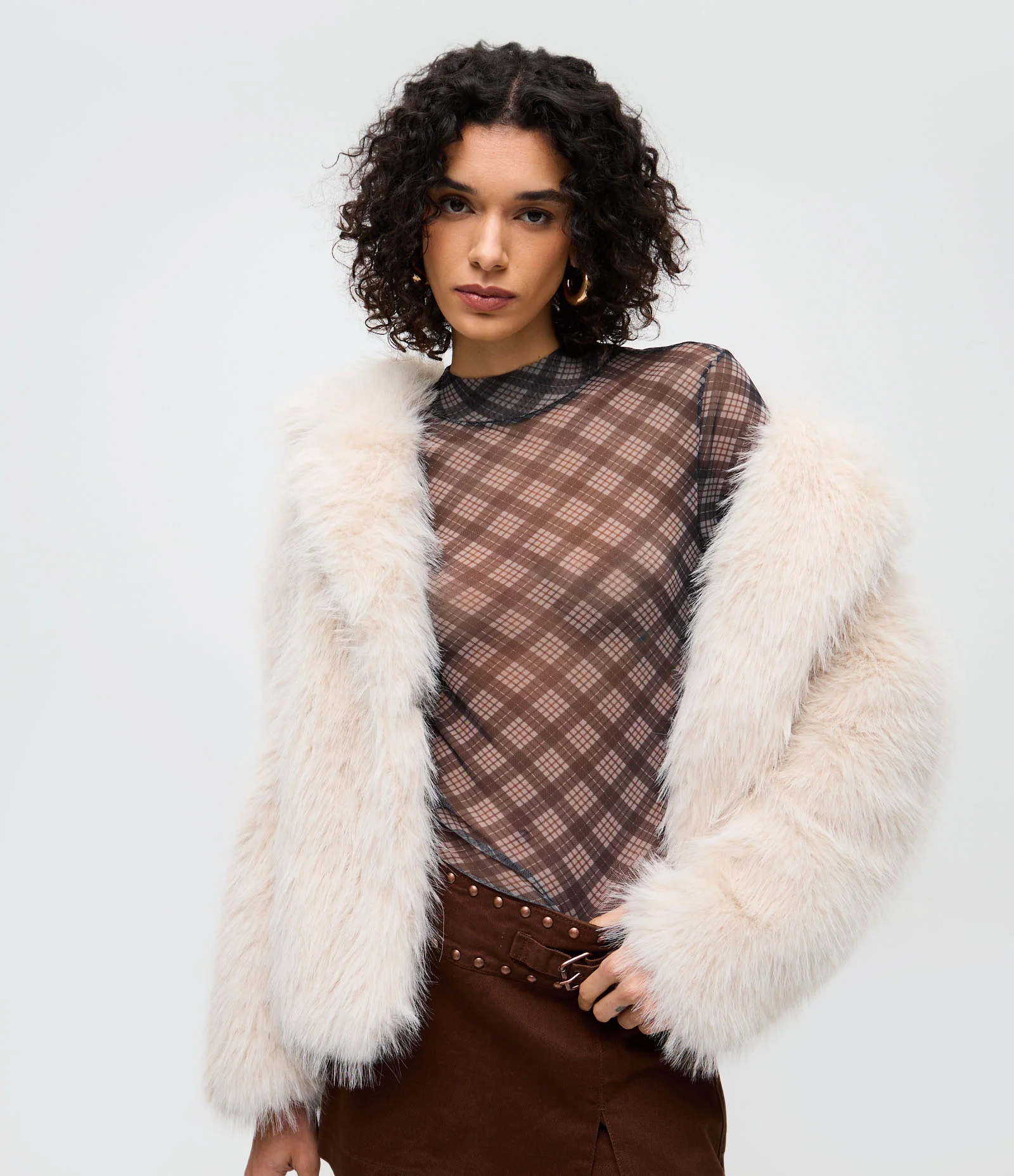 Blusa em Tule Segunda Pele com Estampa Xadrez Cinza 1