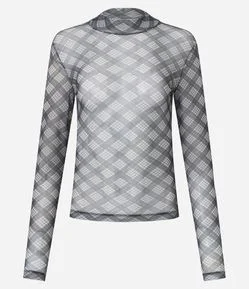 Blusa em Tule Segunda Pele com Estampa Xadrez