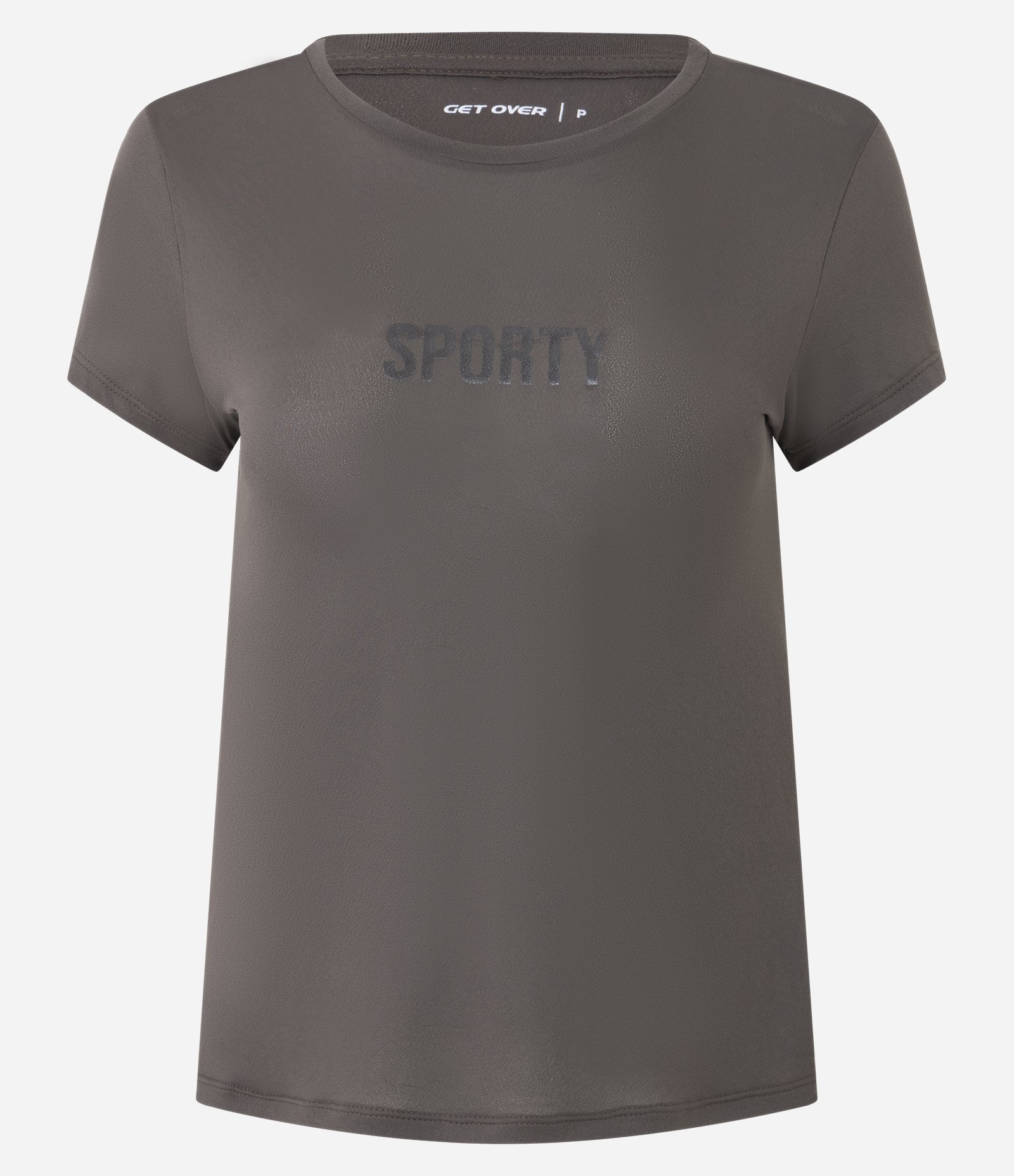 Camiseta Esportiva em Crepe com Lettering “Sporty” Marrom 1