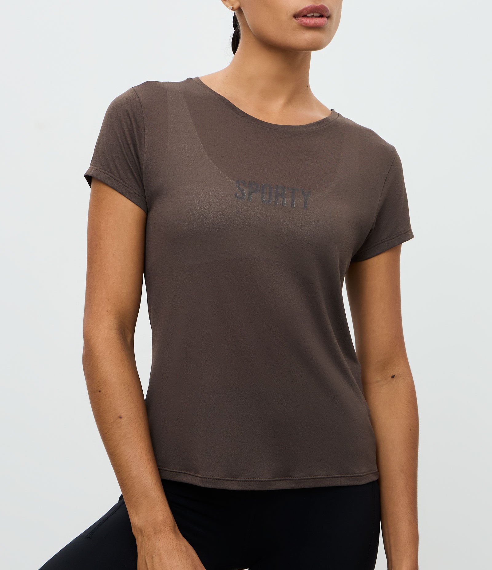 Camiseta Esportiva em Crepe com Lettering “Sporty” Marrom 2