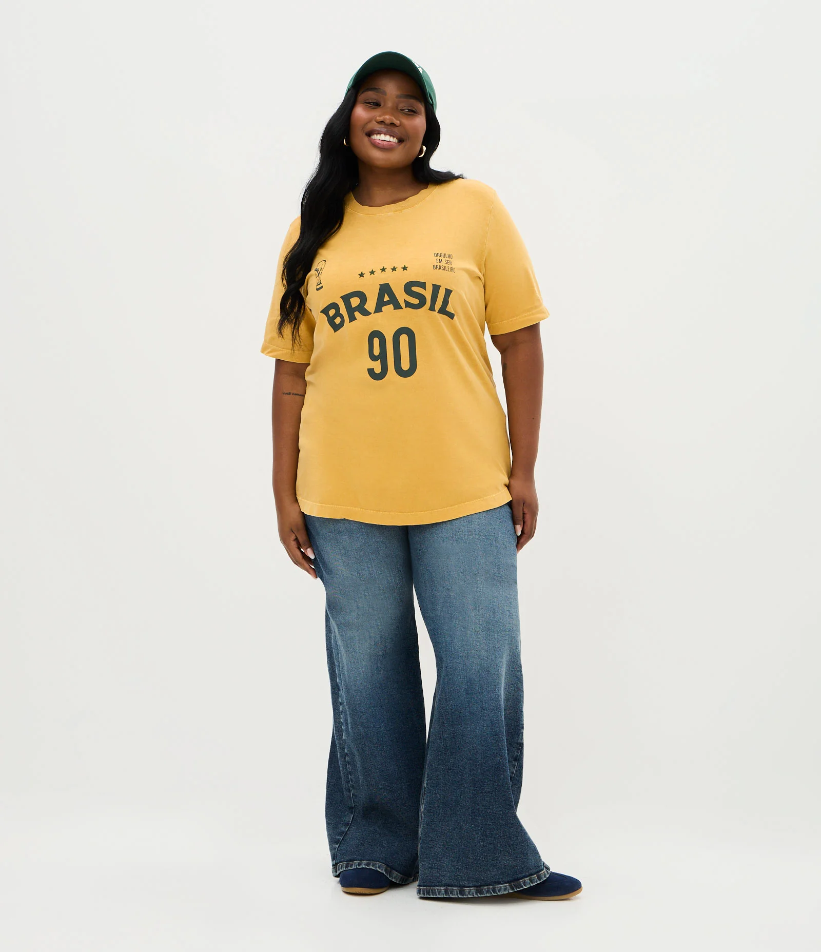 Camiseta Esportiva em Algodão e Lettering Brasil 90 Curve & Plus Size Amarelo 2