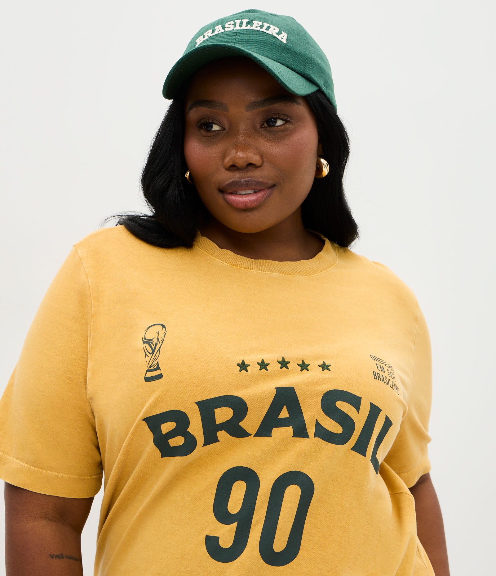 Camiseta Esportiva em Algodão e Lettering Brasil 90 Curve & Plus Size Amarelo 3