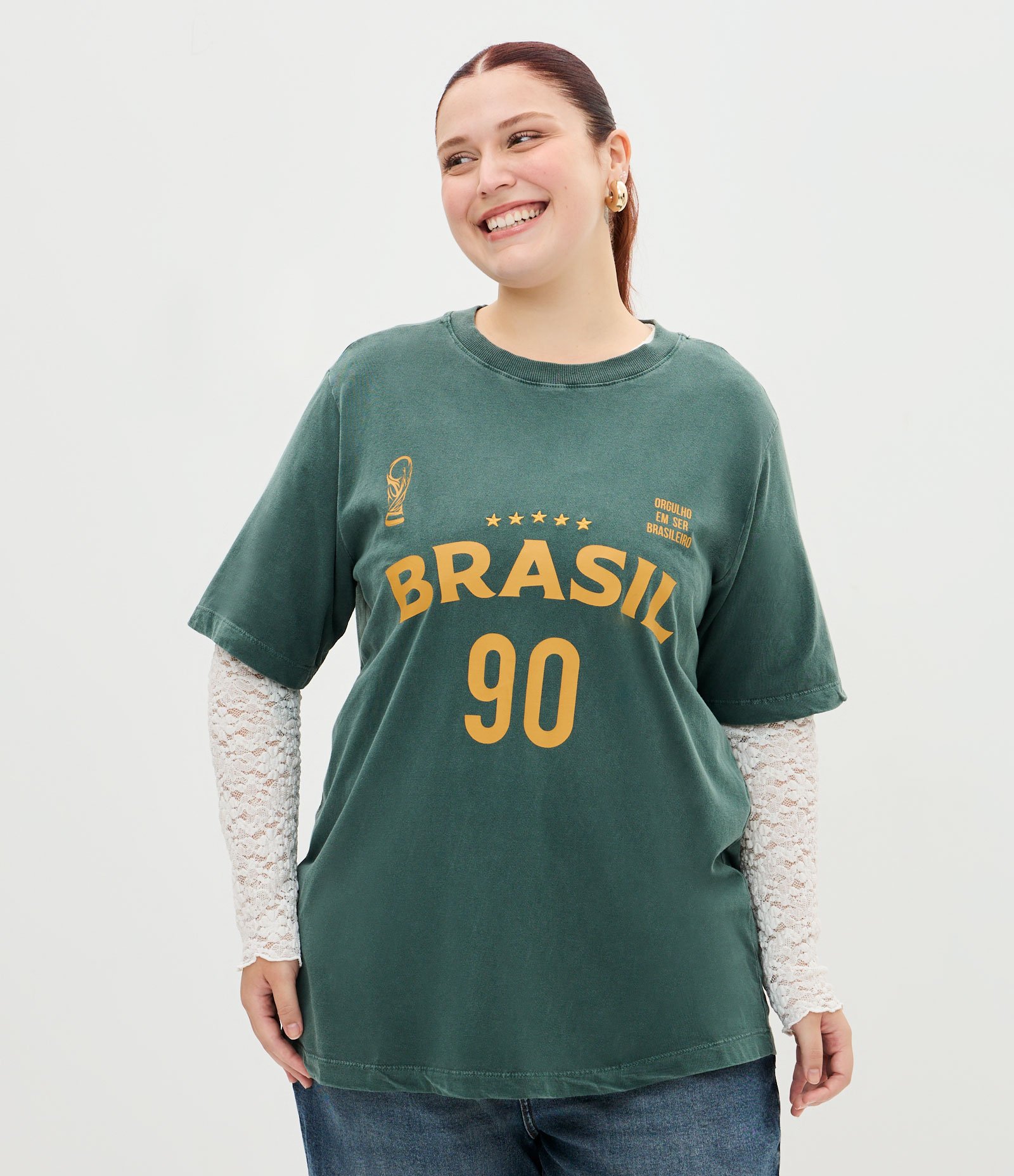 Camiseta Esportiva em Algodão e Lettering Brasil 90 Curve & Plus Size Verde