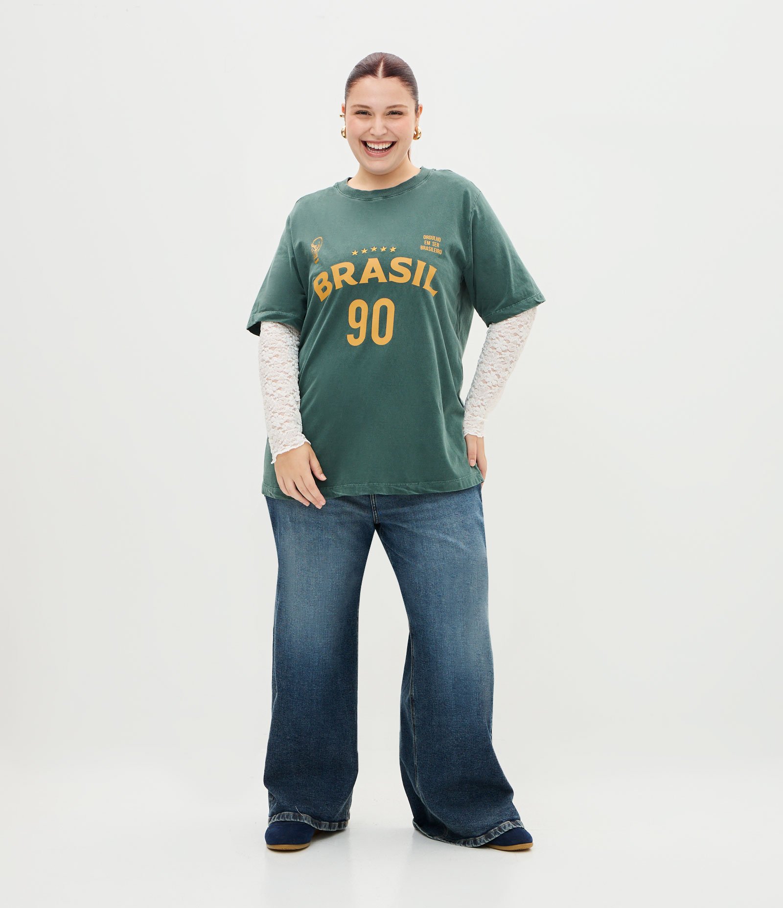 Camiseta Esportiva em Algodão e Lettering Brasil 90 Curve & Plus Size Verde 2