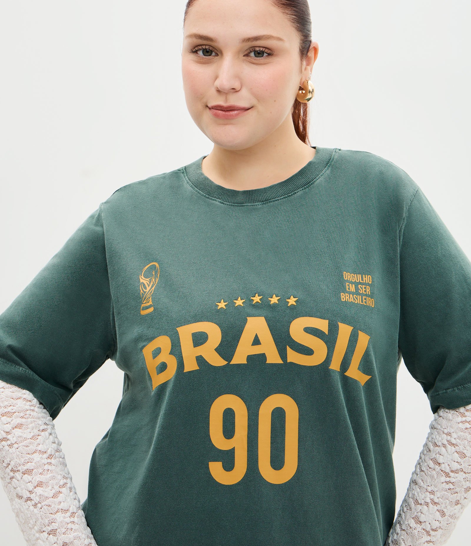Camiseta Esportiva em Algodão e Lettering Brasil 90 Curve & Plus Size Verde