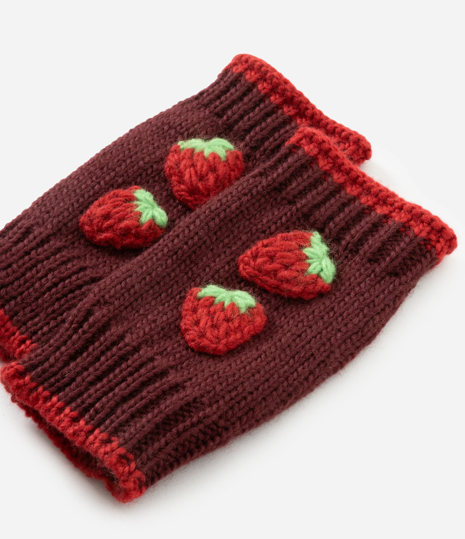 Luva Mittens em Tricô com Bordado de Morangos Bordô 3