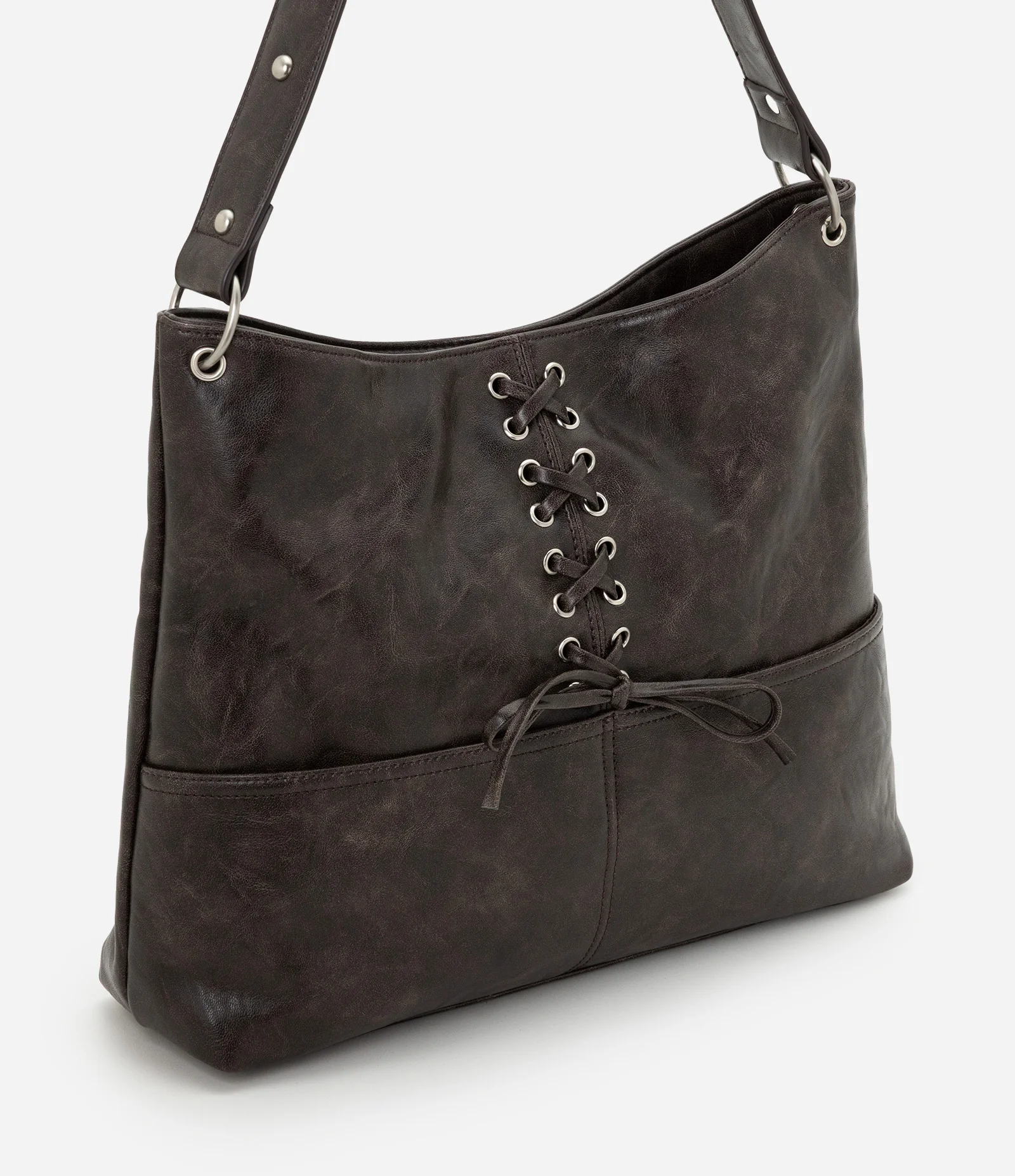 Bolsa Hobo Grande em PU com Detalhe em Cadarço Marrom 1